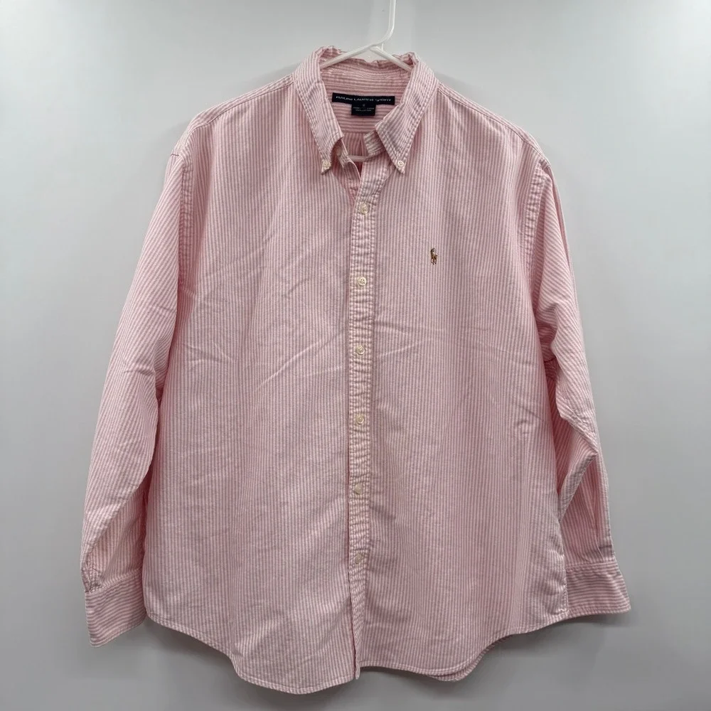 Ralph Lauren sport   Boys Size 16 Pink White Striped Oxford Button Up Shirt